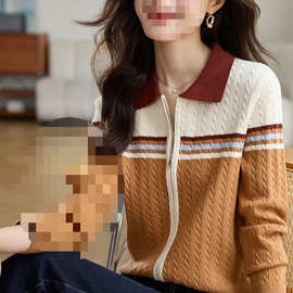 复古撞色针织开衫女2025春装新款长袖POLO领短款宽松毛衣春秋上衣