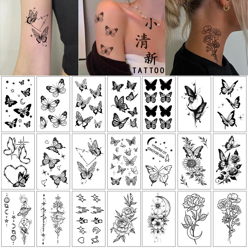 Small Fresh Tattoo Sticker English Letter Flower Butterfly Sketch Line Waterproof Tattoo Sticker