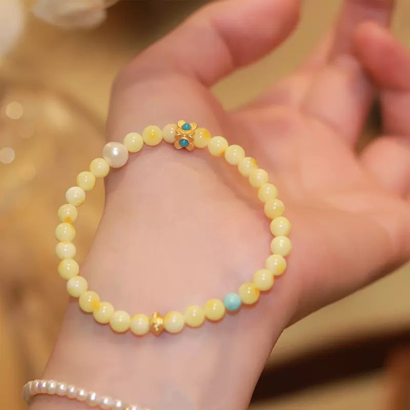 採花忙綠松石天然蜜蠟手串白花蜜手串女輕奢小眾設計手飾一件代發