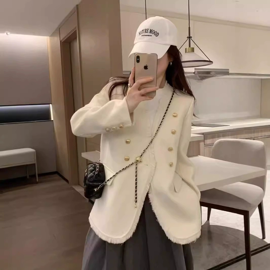 2024 осень новая шерстяная маленькая ароматная куртка женская свободная темпераментная леди V-образный костюм шерстяное пальто