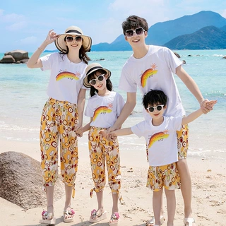 2023夏款沙滩海边亲子装母女装一家三口全家装夏装九分裤套装短袖