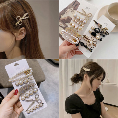 韓版ins抖音新款發飾剪刀羽毛發夾時尚珍珠壹字夾邊夾鴨嘴夾套裝