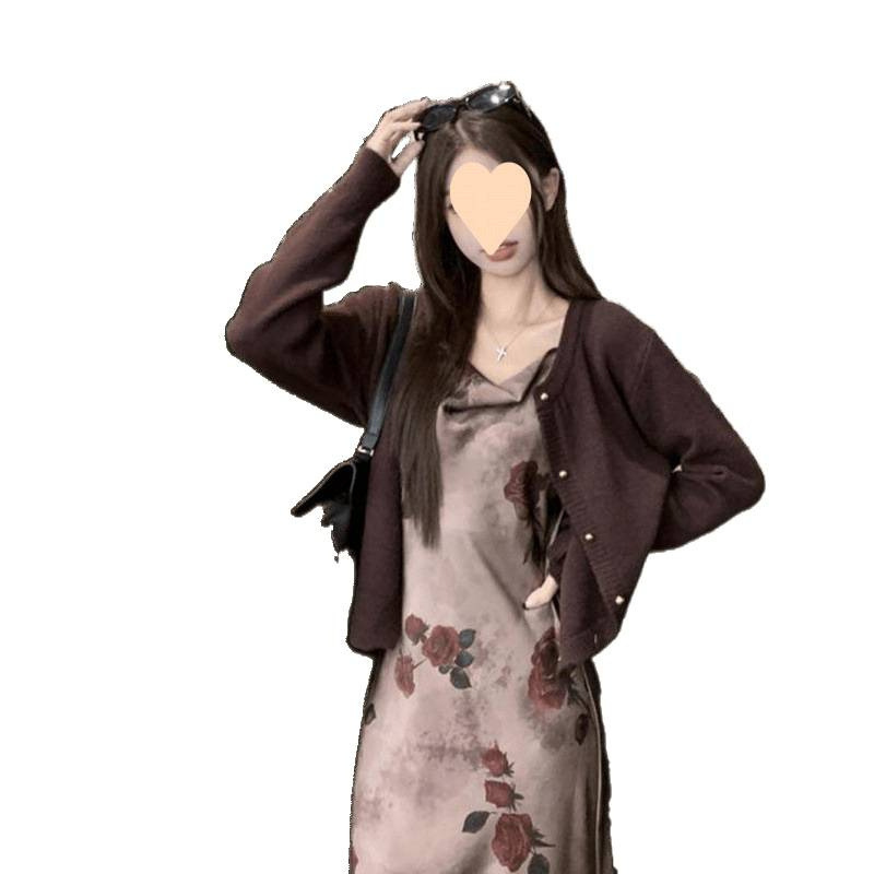 法式轻熟复古醋酸缎面碎花吊带连衣裙女慵懒风长裙毛衣两件套装秋|undefined