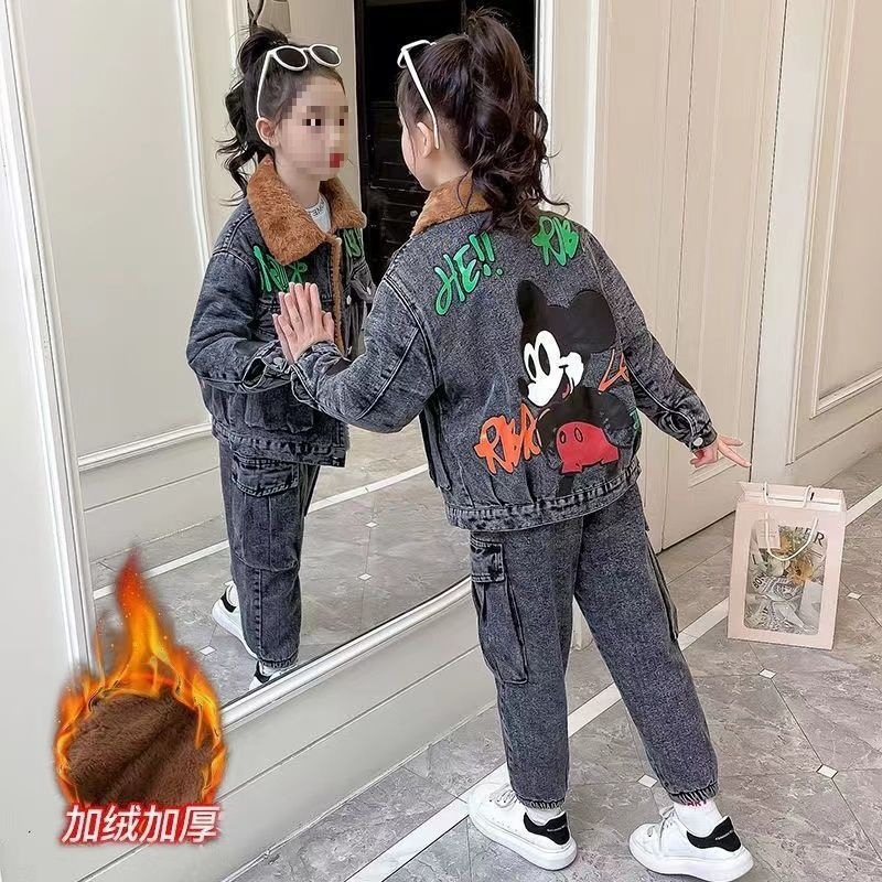 秋冬装女童加绒加厚套装2025新款韩版女时髦牛仔儿童两件套衣服潮