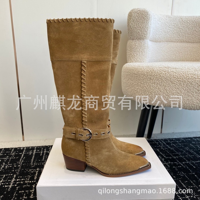 高端2025秋冬磨砂牛皮尖头复古粗跟皮带扣高筒骑士靴不过膝长靴女|undefined