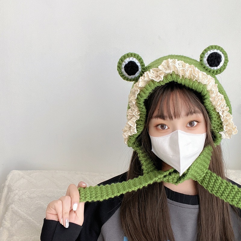 El otoño y el invierno grandes ojos sombrero de rana sombrero hecho a mano protección del oído diadema Sombrero estilo coreano verde lindo Shrek lana de punto