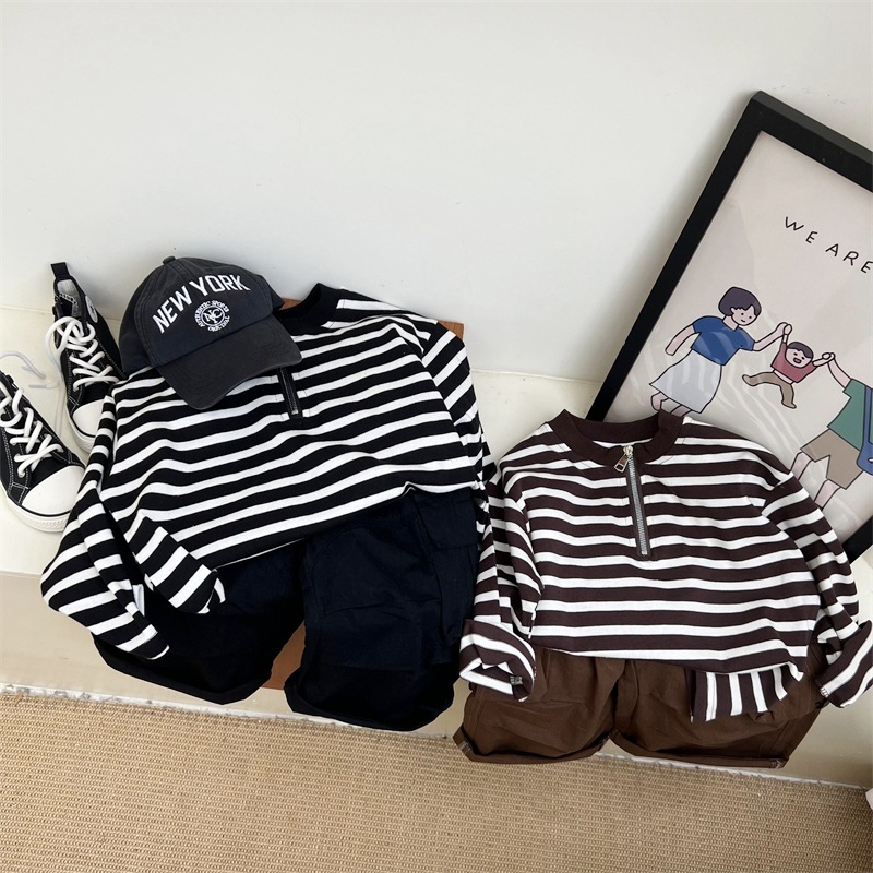 2024 Herbst Kinder American Half Zipper Striped Hoodie für Jungen und Mädchen, Loose Bottom Cotton Langarm Trendy_voghion.com