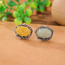 壹鹿银S925纯银和田玉蜜蜡新中式复古做旧牡丹花雕刻配件diy配饰