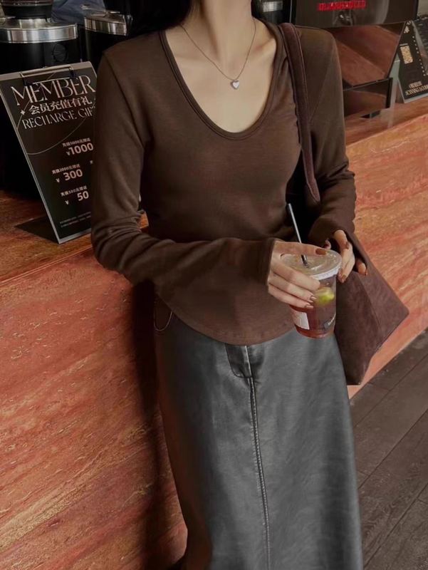 白色小众褶皱修身长袖T恤打底衫女早秋新款内搭小个子U领套头上衣|undefined