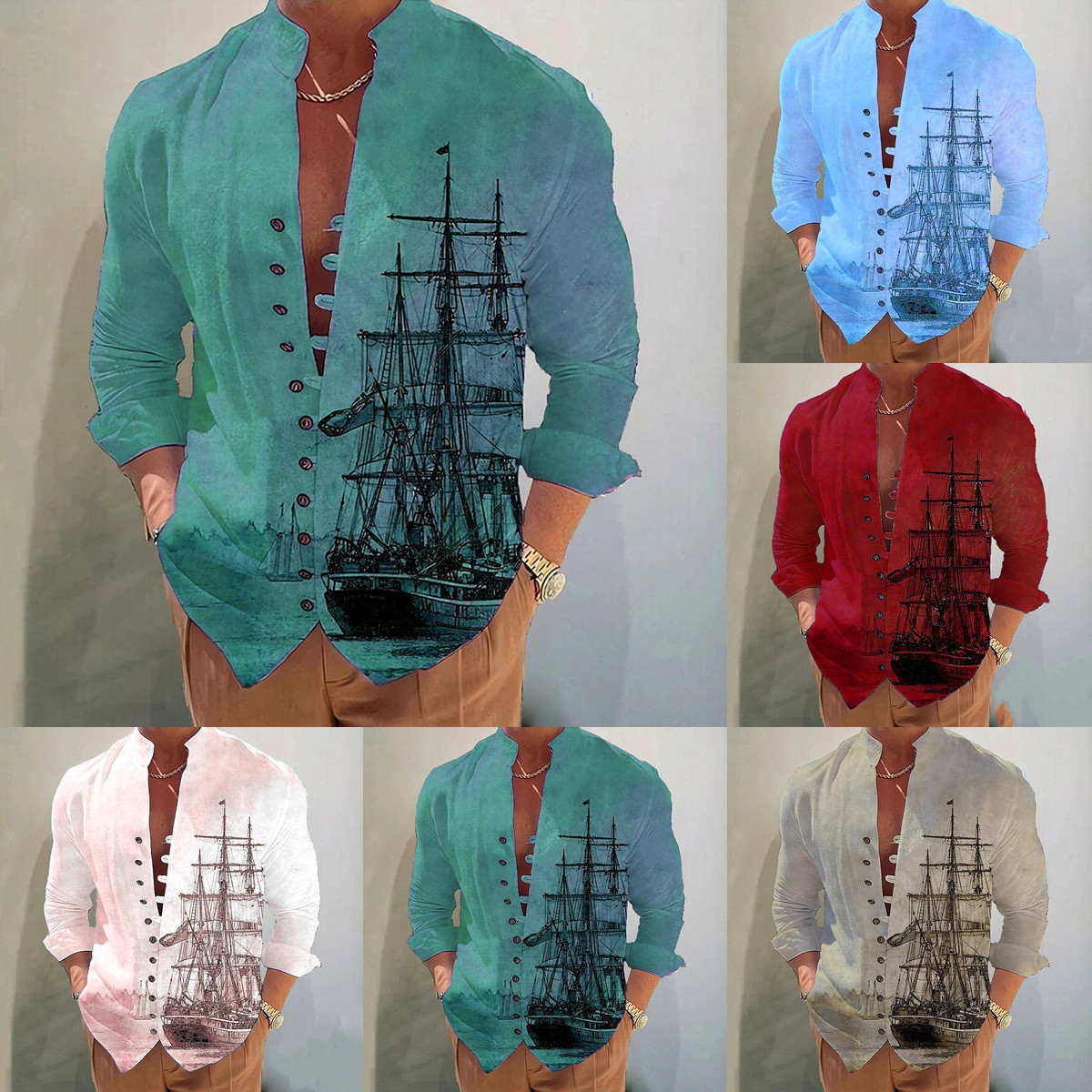 外贸跨境秋季新款时尚男士帆船印花商务修身休闲衬衣长袖衬衫