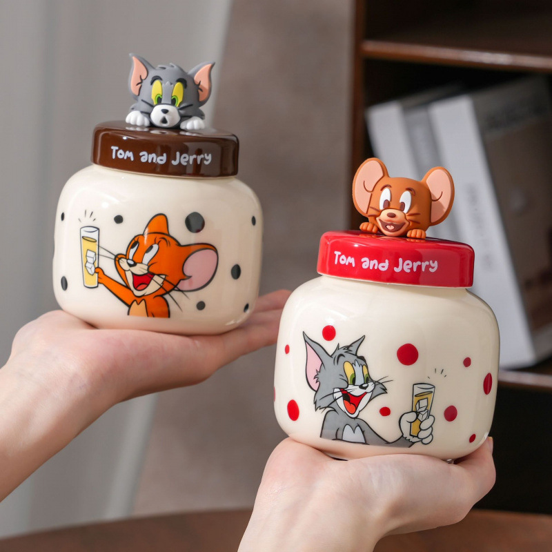 Gato y ratón con tapa tanque de almacenamiento de cerámica creativo encantador características divertidas originales café latte leche condimento lata