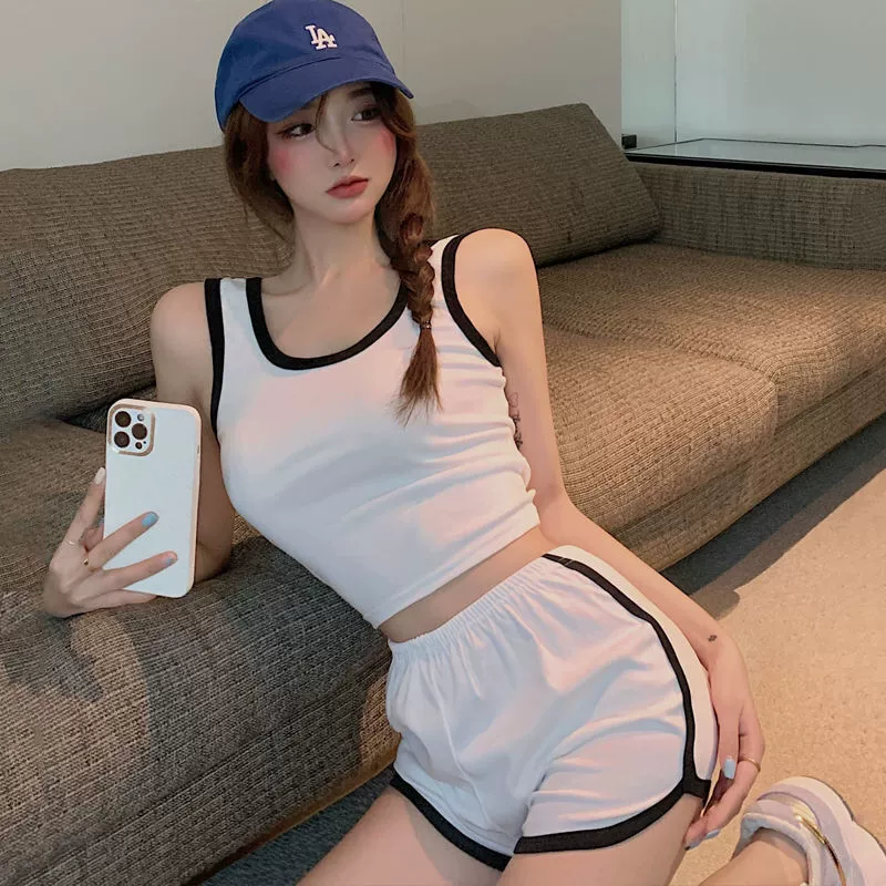 Летний Новый женский спортивный камзол с шортами костюм с коротким верхом Горячие Брюки Повседневный костюм штаны для йоги пупок