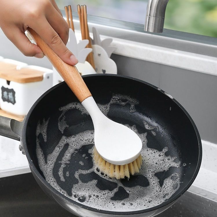 Wooden Handle Pot Brush Long Handle Dish and Wok Cleaning Brush for Home Kitchen Use overview