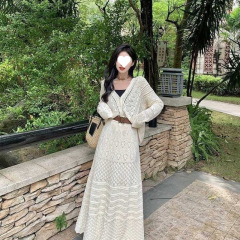 韩系慵懒风镂空茶系针织开衫半身裙上衣两件套新款薄款套装