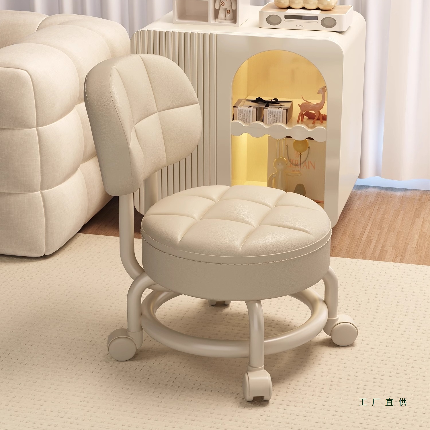 Swivel Small Stool with Wheels, Low Stool for Home Use, Shoe-Changing Stool, Children's Backrest, Living Room Round Stool, Soft Cushion Chair, Bench