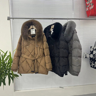 2025 New Autumn and Winter Large Fur Collar down Jacket Women's Mid-Length Diamond Plaid Waist Slimming Look White Duck down Jacket Trendy