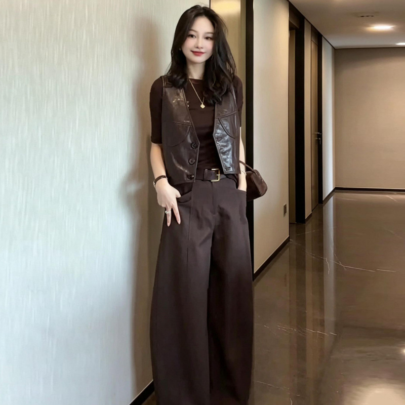2026 Autumn New Fashionable Women's Set: Stylish Slimming Leather Vest, Base Shirt, and Wide-Leg Pants - Elegant Three-Piece Outfit