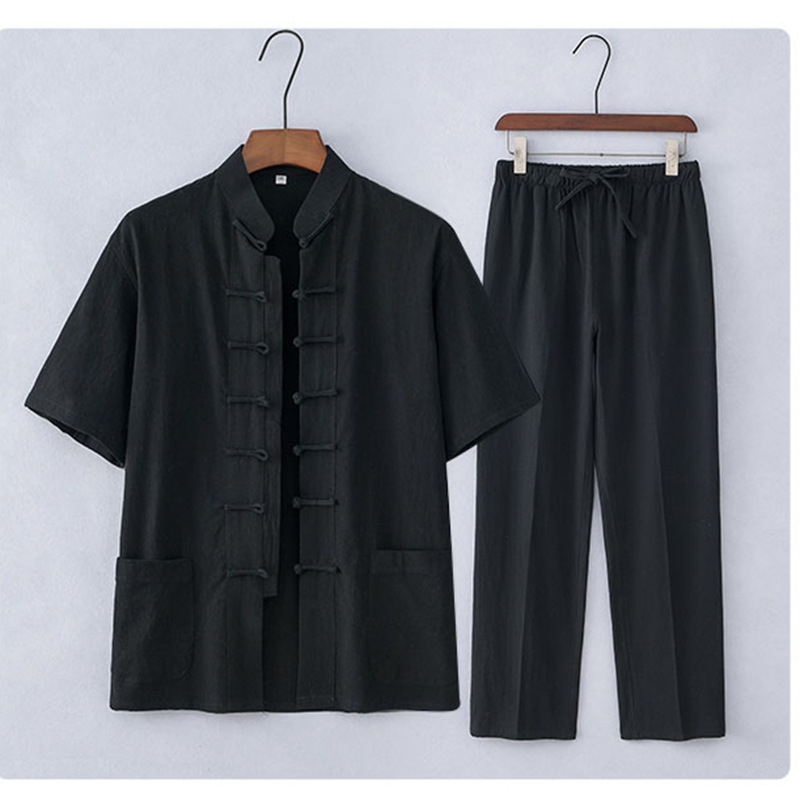 Traje Tang de estilo chino Traje de manga corta de algodón y lino para hombres de mediana edad y ancianos Traje Hanfu casual para hombres retro Traje delgado de verano