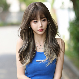Wig women's long curly hair big wave beige pick dyed top full head cover Chemical Fiber simulation women's pullover long hair
