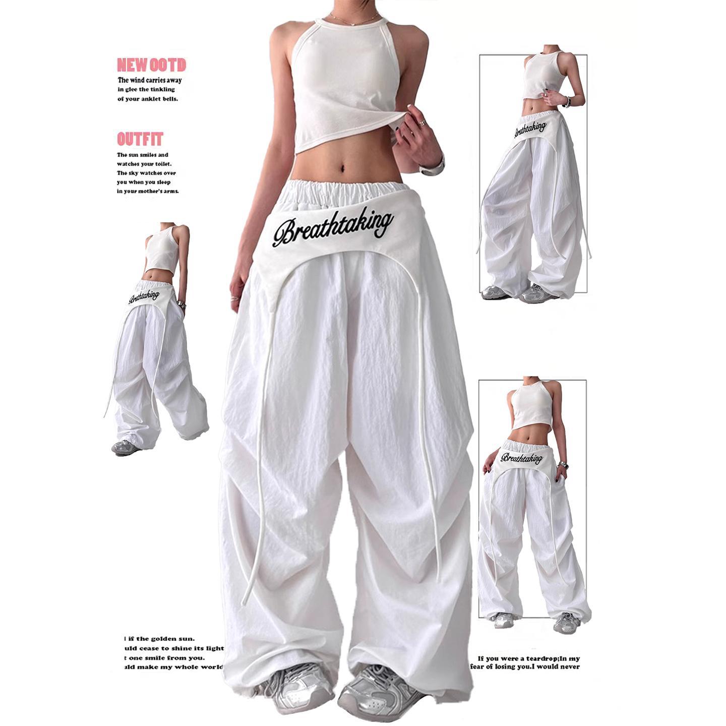 アメリカントレンドの女性用ワイドレッグパンツ、重ね着ストラップデザイン、ヒップホップジャズレトロカジュアルルーズシミターパンツ、トレンディ