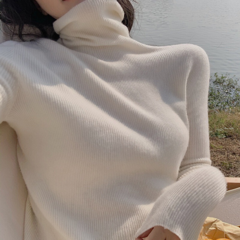 Autumn and Winter New Soft Waxy Knitted Semi-high Neck Solid Color Base Candy Color Design Warm Soft Style Slim-fit Pullover Sweater