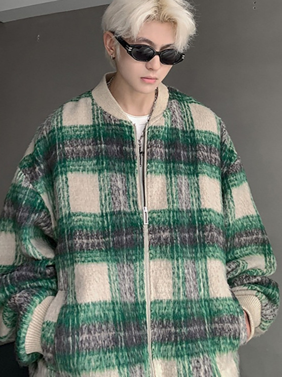 Versión coreana de la tendencia cleanfit marca de moda americano retro a cuadros camisa de lana chaqueta pequeña fragancia pareja