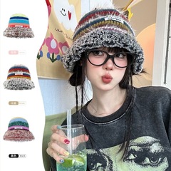 日系秋冬新款針織漁夫帽女小眾撞色條紋毛絨保暖護耳顯臉小盆帽