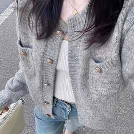 上衣糯针织毛衣开衫宽松2025小香风软外套女装灰色新款慵懒风冰丝