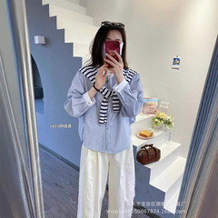 琪镌绘制韩版条纹上衣女秋季设计感宽松廓形休闲百搭长袖衬衫6803