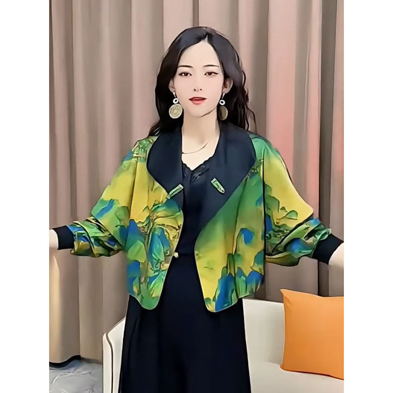 2025秋季新款轻奢缎面水墨印花正反双面穿宽松显瘦长袖短款外套女|undefined