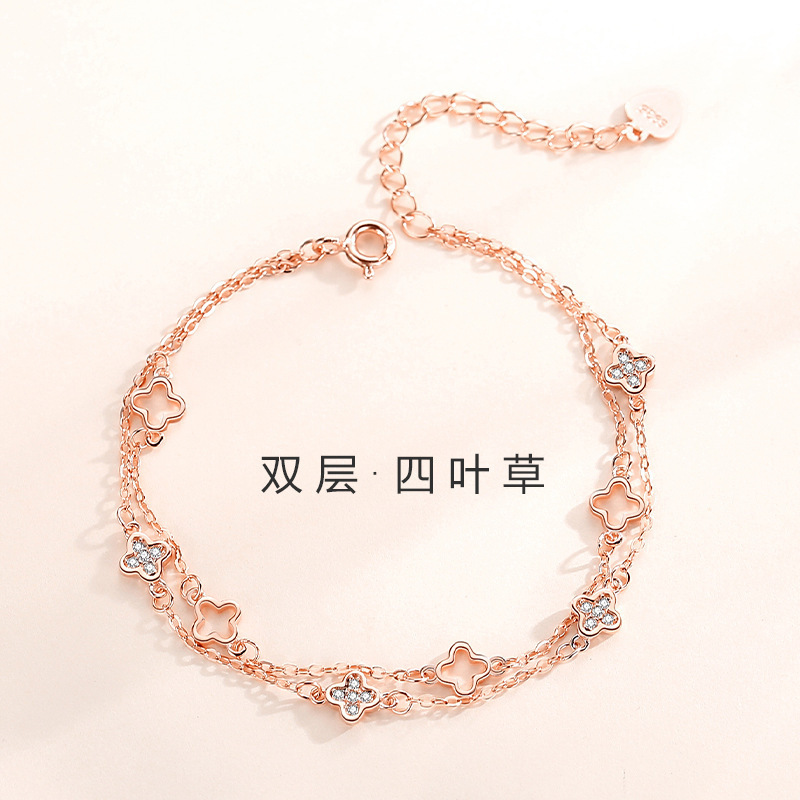 四つ葉のクローバーブレスレット女性用スターリングシルバーフォレストスタイル二層ブレスレットライトラグジュアリーシンプルインスタイルハンドジュエリーバレンタインデーギフトドロップシッピング|undefined
