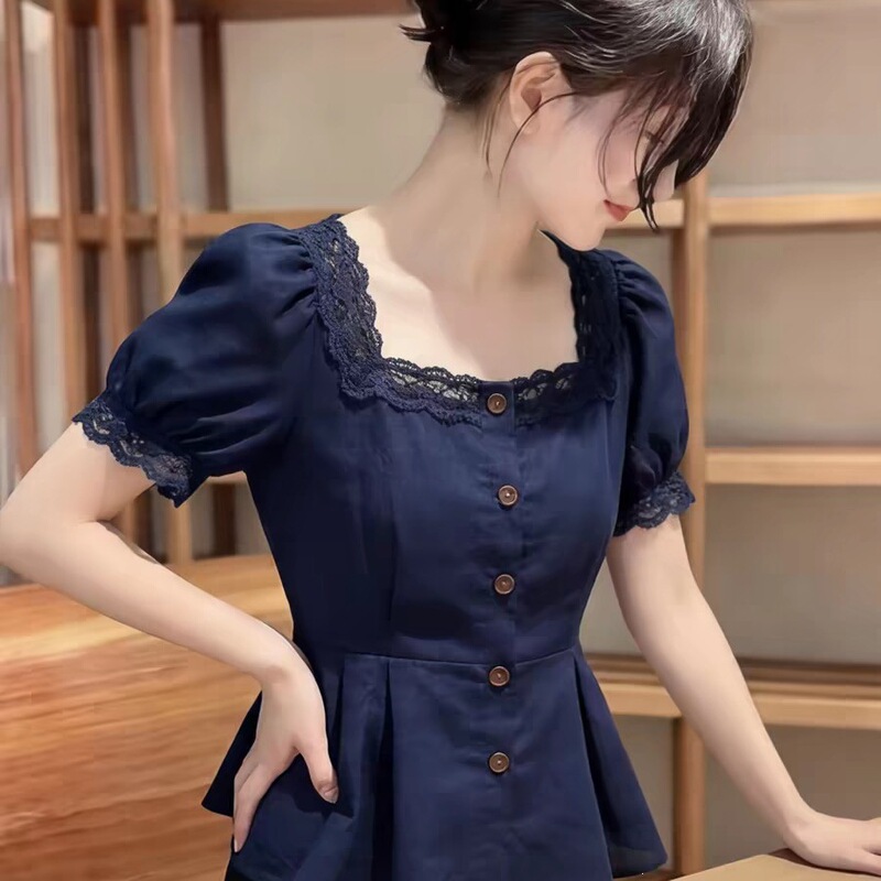 French-Style Chic and Beautiful Summer Women's Navy Blue Lace Patchwork Square-Neck Waist-Cinching Short-Sleeve Shirt Top French-Style Chic and Beautiful Summer Women's Navy Blue Lace Patchwork Square-Neck Waist-Cinching Short-Sleeve Shirt Top