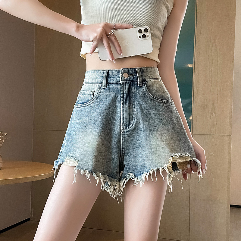 Light Blue Ripped Denim Shorts for Women, Summer Thin Style, 2026 New High-Waisted Loose Wide-Leg A-Line Hot Pants, Trendy