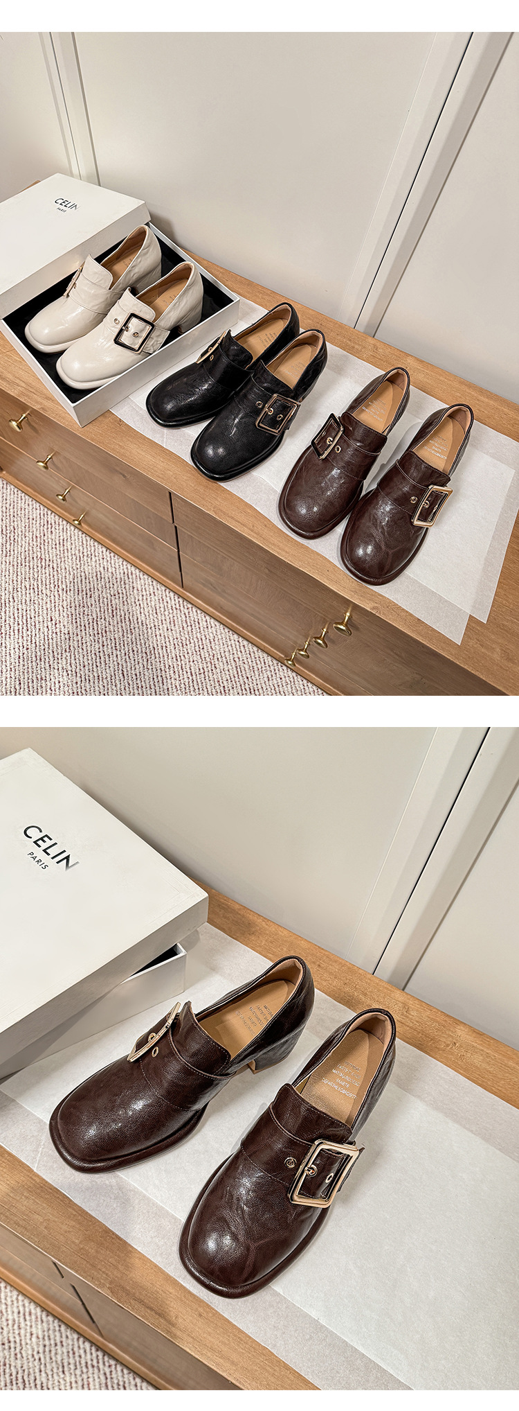 Giày cao gót nữ loafer da cừu gót vuông 7 cm — màu nâu chi tiết 9