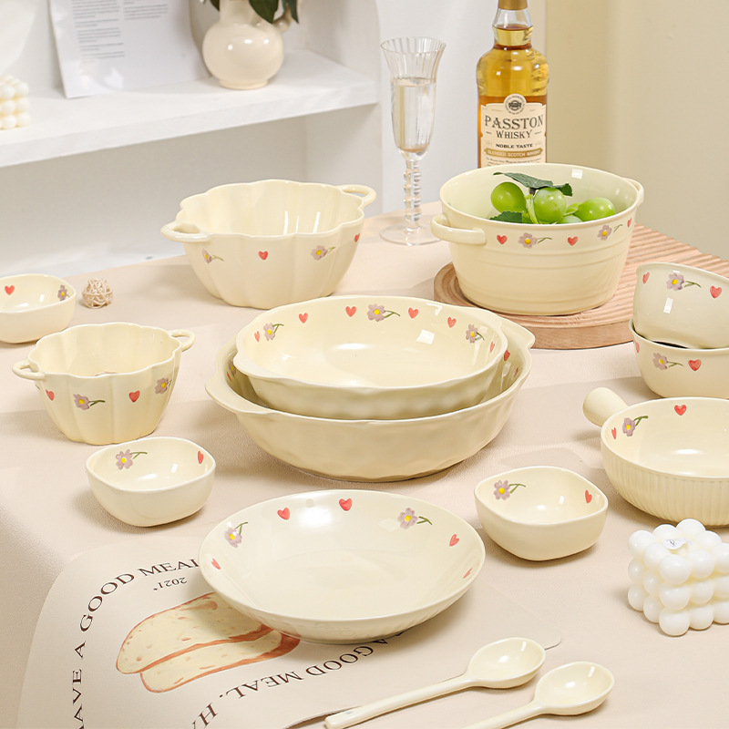 Cute Underglaze Color Bowl and Plate Set Ceramic Tableware Household Bowl Double-Handle Bowl Soup Bowl Plate Instant Noodle Bowl Rice Bowl Spoon