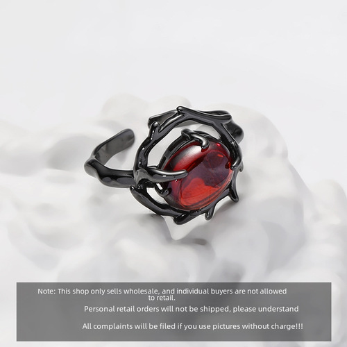 Pomegranate Red Ring Original Design Dark Style Trendy Cool Black Alloy Versatile Exquisite Open Finger Ring Tail Ring