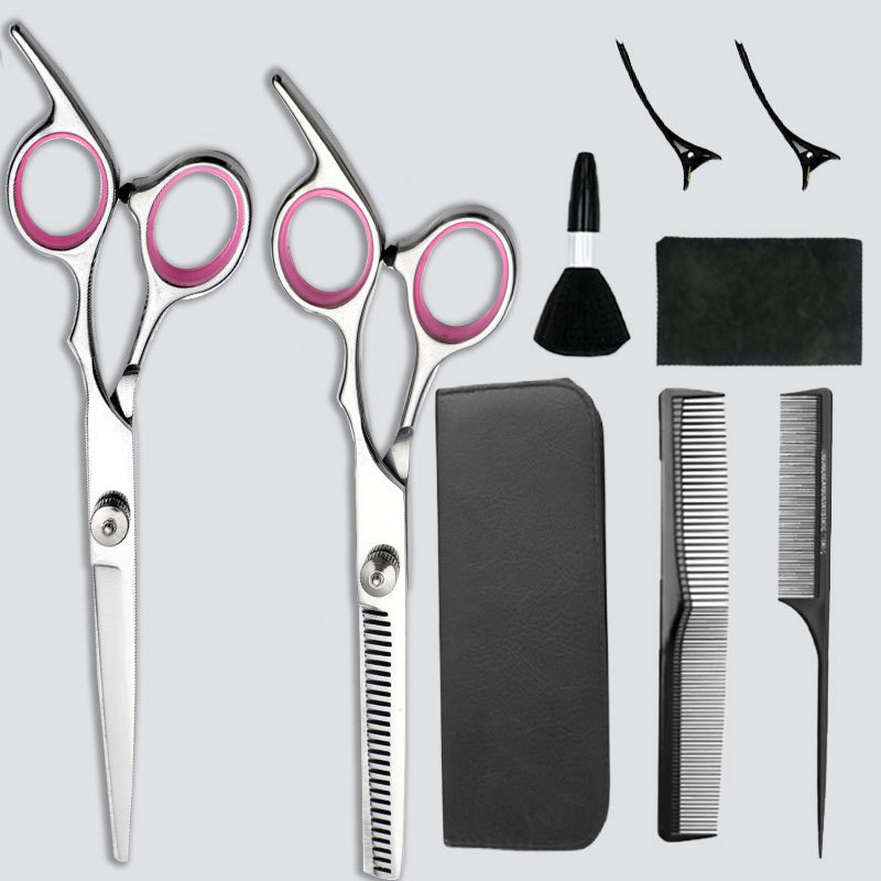 Los fabricantes venden tijeras de corte de pelo de acero inoxidable, corte, corte, corte de dientes planos, juego de adelgazamiento de rango medio, práctico hecho a mano