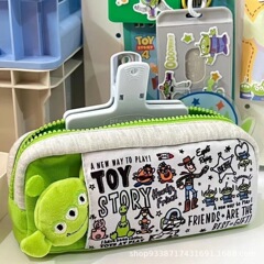 三眼仔ぬいぐるみペンケース 緑白の爽やかなプリント柄 中学生・高校生向け 大容量ペンケース