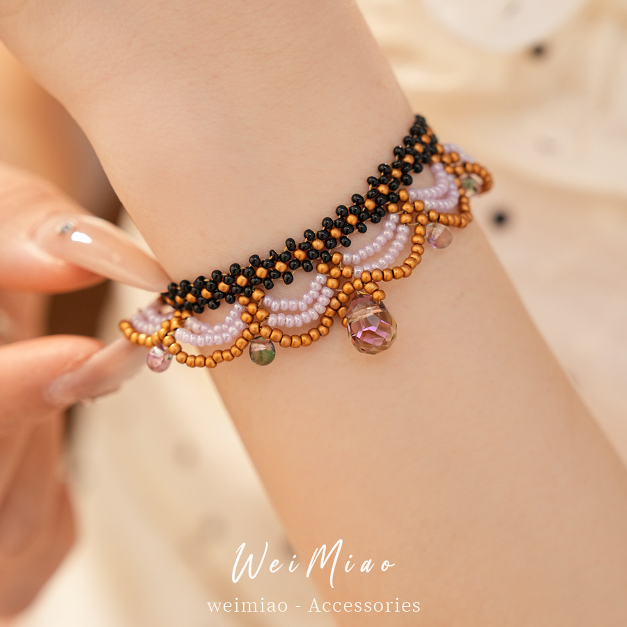 Pulseras de encaje de cuentas de vidrio retro francesa lujo ligero nicho pulseras de alta sensación temperamento de moda joyas al por mayor