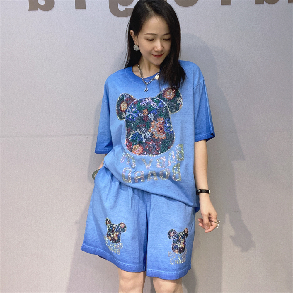 Europa y los Estados Unidos de comercio exterior de verano nuevo color gradiente pantalones cortos de manga corta juego casual camiseta de diamante caliente grande dos piezas