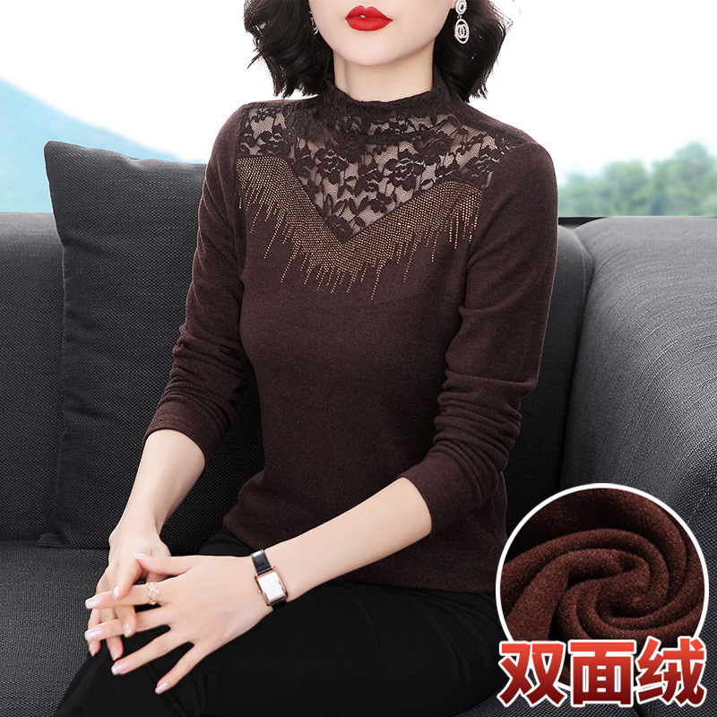 Mother's Base Layer Shirt for Women, Autumn and Winter 2025 New Style, Lace Half-High Collar, Double-Sided Fleece, Inner Wear, Long-Sleeved Top for Middle-Aged Women Mother's Base Layer Shirt for Women, Autumn and Winter 2025 New Style, Lace Half-High Collar, Double-Sided Fleece, Inner Wear, Long-Sleeved Top for Middle-Aged Women