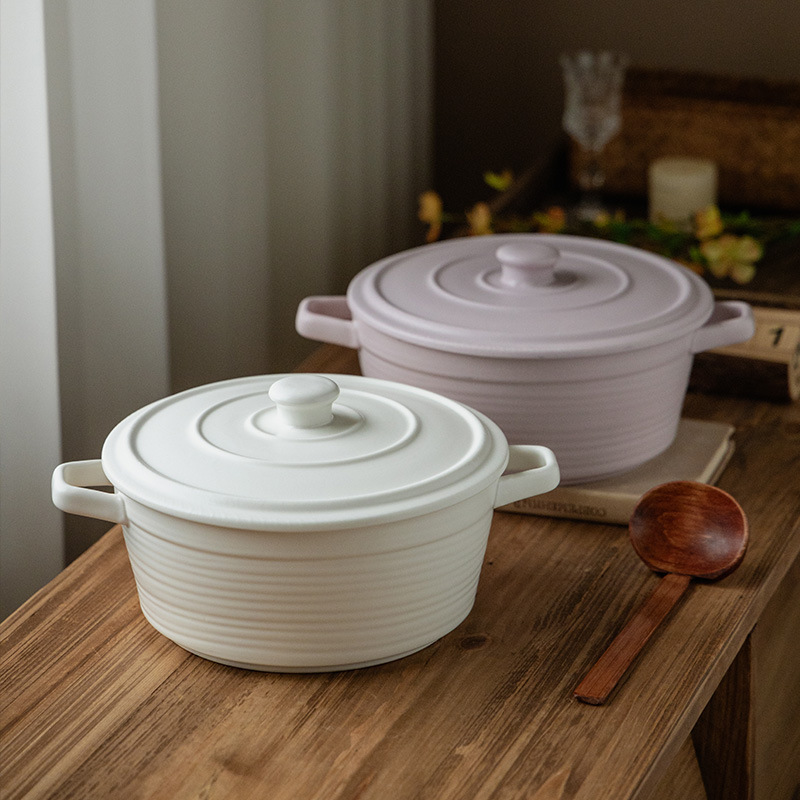 Tazón de cerámica para las orejas Tazón de sopa de color sólido simple con tapa Tazón grande de cerámica para el hogar Tazón de vajilla Tazón de fideos instantáneos al por mayor