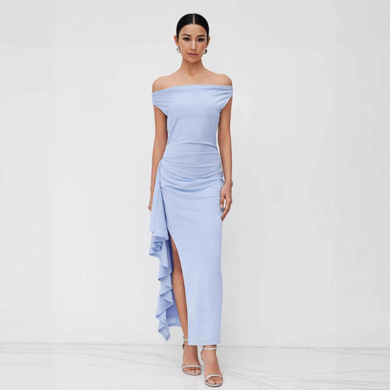 European and American 2025 New Fashion Solid Color Lv Women's Fitted Slit Ruffle Strap Long Dress Lv Dress