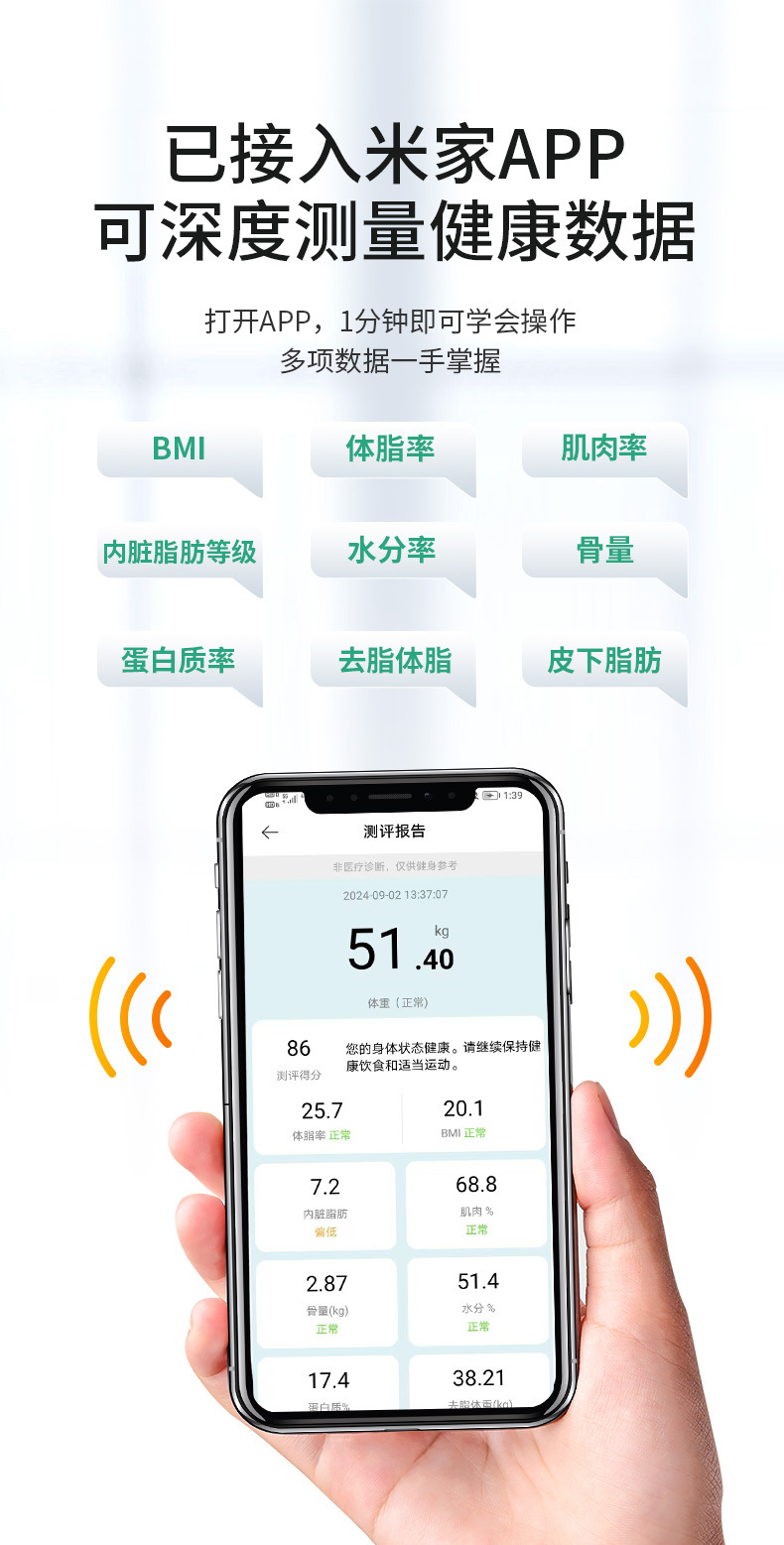 Körperwaage für den Haushalt, intelligente Körperfettwaage, präzise Gewichtsmessung, wiederaufladbar, digitale Waage, mit Mi Home App verbunden