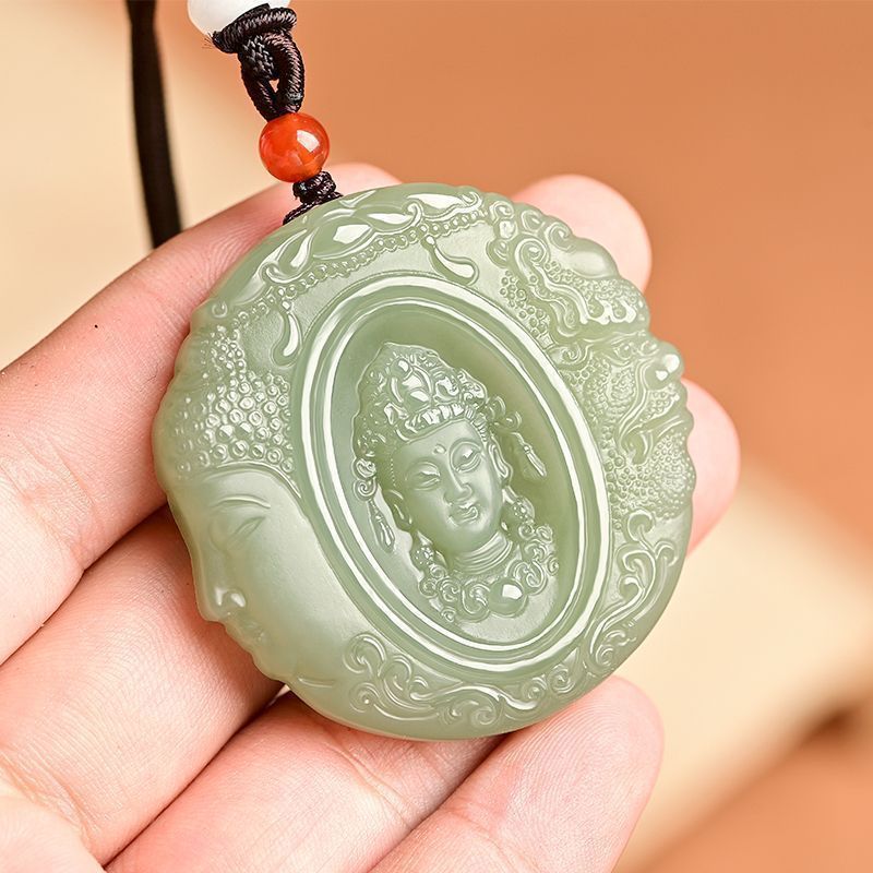 Mặt dây chuyền ngọc bích trắng tự nhiên hình Phật – Quỷ phong thủy — Cao cấp, Dây dự phòng cao cấp