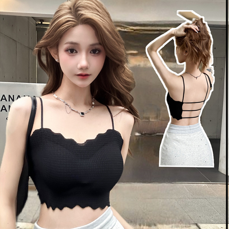 Ice Silk Beautiful Back Camisole Women's Belt Chest Pad Wrapped Chest Underwear Tube Top Bra Bubble Lace Breathable Sexy Inner Wear