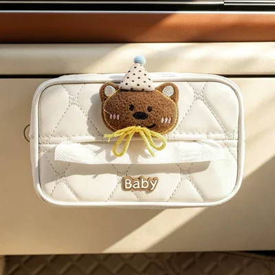 box car decoration, Car tissue box/set - white-hat-brown-bear-beige-diamond-pattern-glove-box-tissue-box