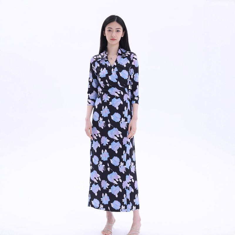 2025 Spring New Blue Floral Knitted Printed Long Collared Dress Women's Boutique Wrap Skirt 2025 Spring New Blue Floral Knitted Printed Long Collared Dress Women's Boutique Wrap Skirt