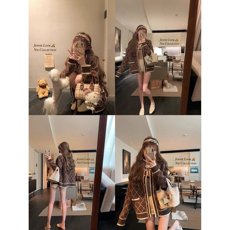 感超好看针织开衫外套女秋冬季风设计感撞色菱格长袖毛衣|undefined