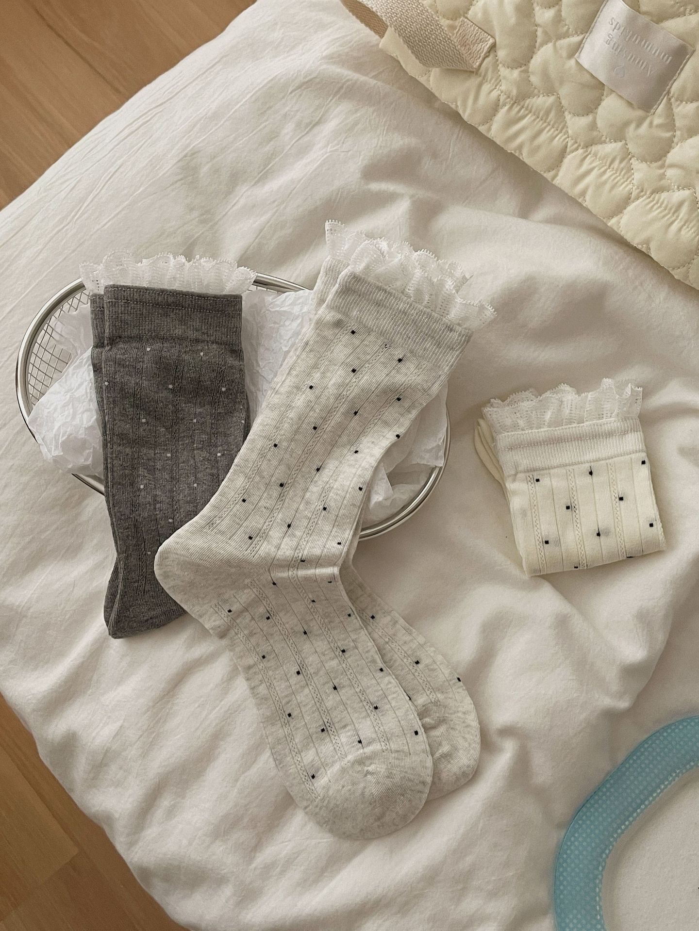 Vintage Coquette Ribbed Cotton Polka Dot Lace Trim Crew Socks For Sweet Outfits Detail View 2